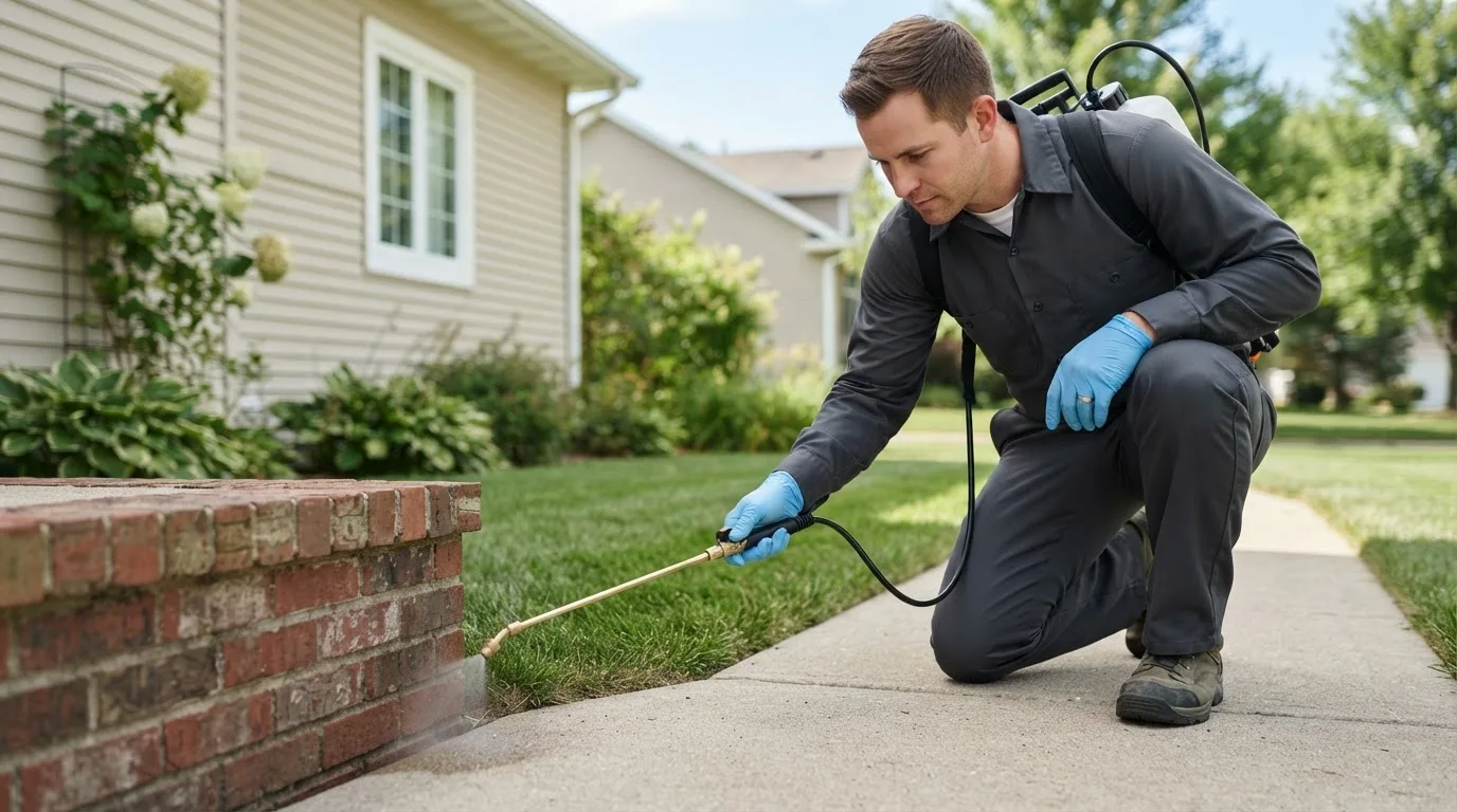 Pest control technician treating a home near Fingal, ND