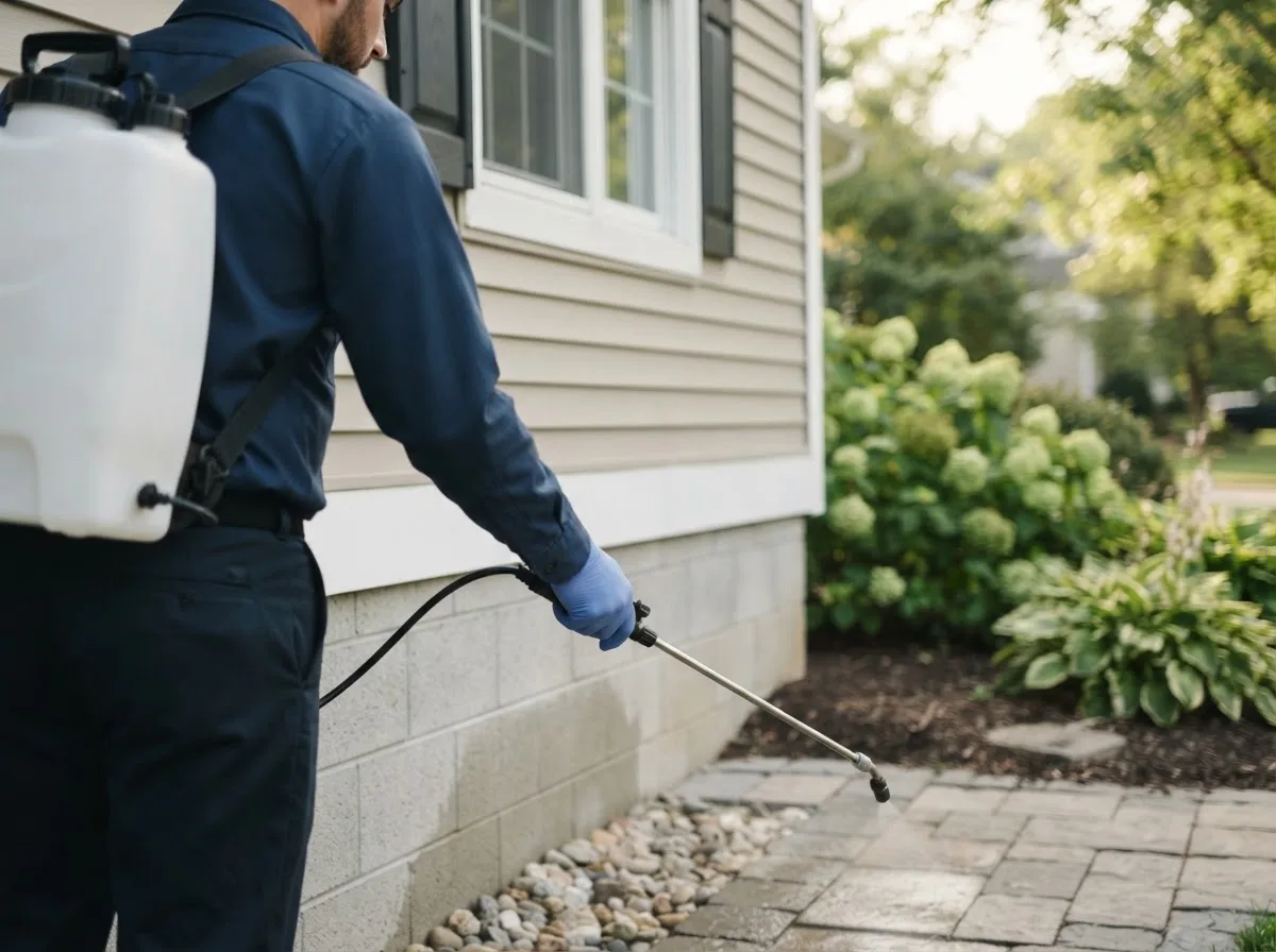 Pest control technician inspecting a home in Fingal, ND